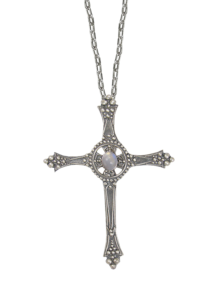 Sterling Silver Baroque Cross Pendant With Rainbow Moonstone